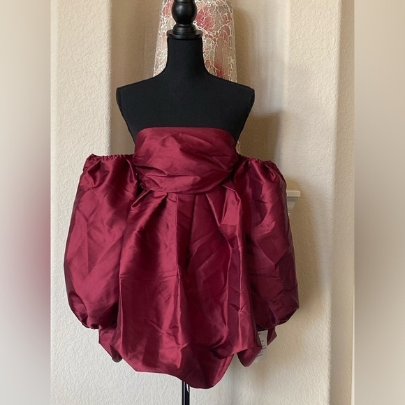 ASOS LUXE Bubble Babydoll Off-shoulder Satin Mini Dress Deep Red/Burgundy Size 2 - Picture 2 of 14